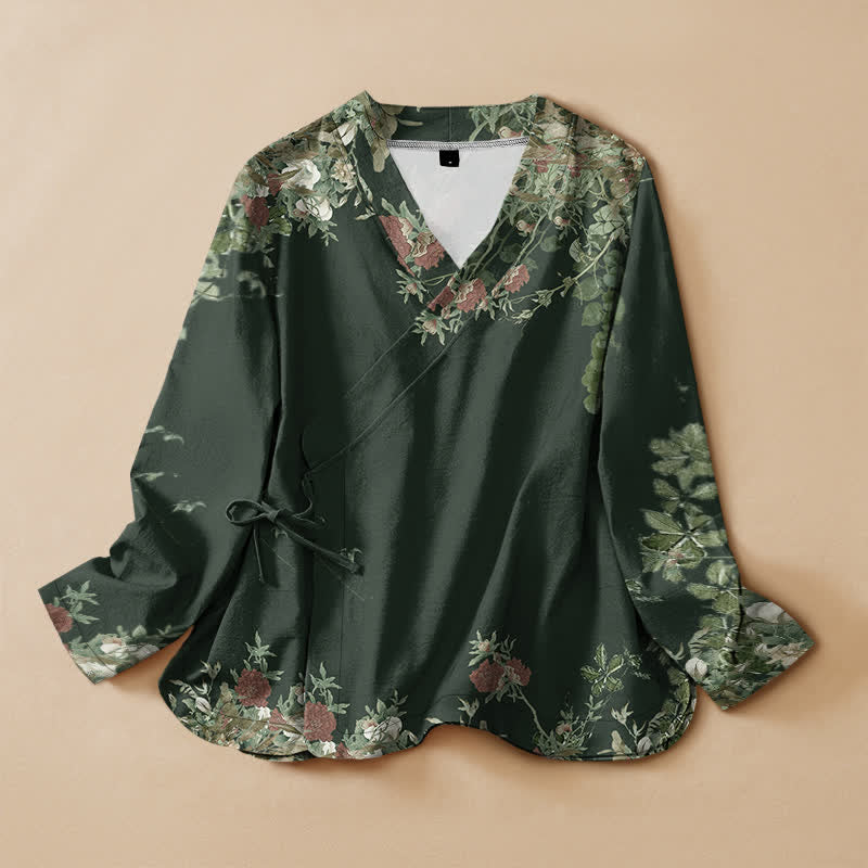 Buddha Stones Kimono da donna a maniche lunghe con scollo a V e allacciatura, in cotone con motivo floreale orientale. - Verde studentesco - US16, UK/AU20, EU48 (3XL) - image 5