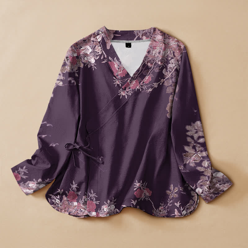 Buddha Stones Kimono da donna a maniche lunghe con scollo a V e allacciatura, in cotone con motivo floreale orientale. - Magenta scuro - US16, UK/AU20, EU48 (3XL) - image 7