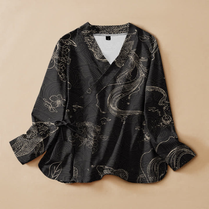 Buddha Stones Kimono da donna a maniche lunghe con scollo a V e allacciatura, in cotone con motivo floreale e carpe koi. - Nero - US16, UK/AU20, EU48 (3XL) - image 0