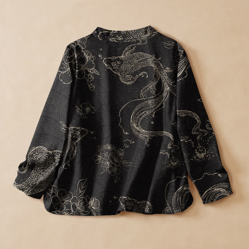 Buddha Stones Kimono da donna a maniche lunghe con scollo a V e allacciatura, in cotone con motivo floreale e carpe koi. - image 1