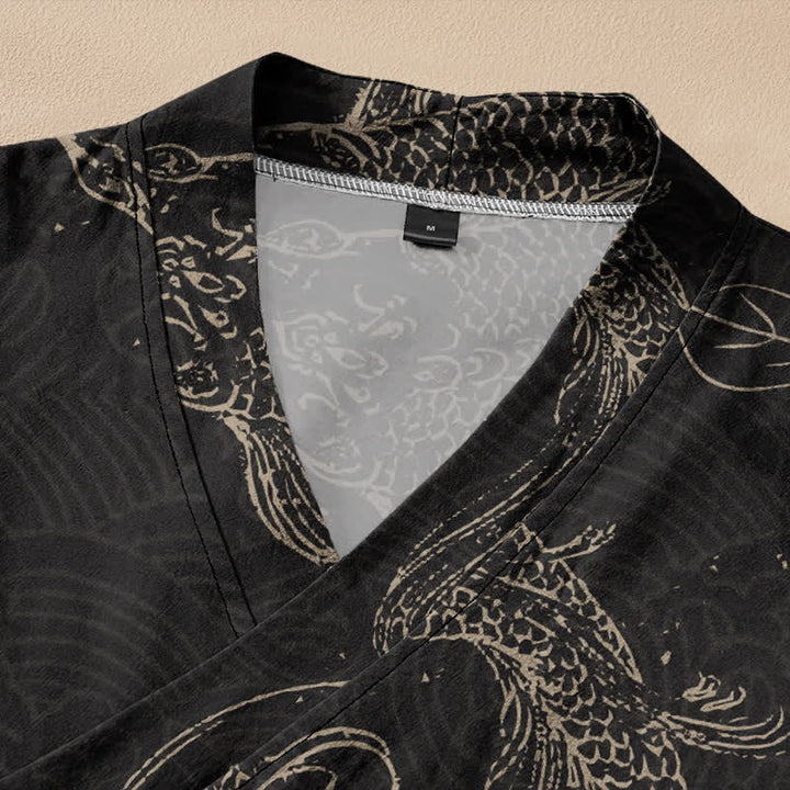 Buddha Stones Kimono da donna a maniche lunghe con scollo a V e allacciatura, in cotone con motivo floreale e carpe koi. - image 2