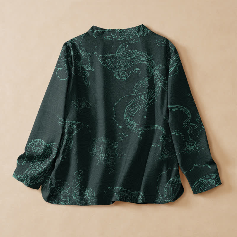 Buddha Stones Kimono da donna a maniche lunghe con scollo a V e allacciatura, in cotone con motivo floreale e carpe koi. - image 6