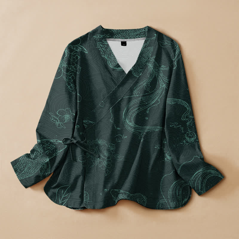 Buddha Stones Kimono da donna a maniche lunghe con scollo a V e allacciatura, in cotone con motivo floreale e carpe koi. - Verde mare - US16, UK/AU20, EU48 (3XL) - image 5