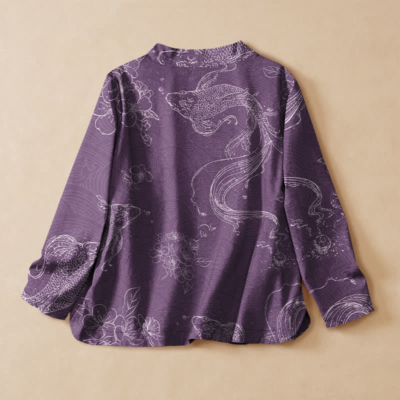Buddha Stones Kimono da donna a maniche lunghe con scollo a V e allacciatura, in cotone con motivo floreale e carpe koi. - image 8