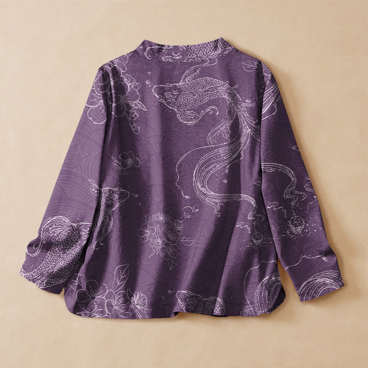 Buddha Stones Kimono da donna a maniche lunghe con scollo a V e allacciatura, in cotone con motivo floreale e carpe koi. - image 8