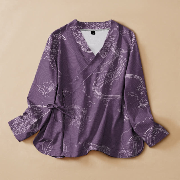 Buddha Stones Kimono da donna a maniche lunghe con scollo a V e allacciatura, in cotone con motivo floreale e carpe koi. - Orchidea scura - US16, UK/AU20, EU48 (3XL) - image 7