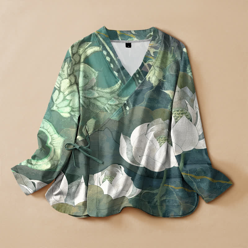 Buddha Stones Kimono da donna a maniche lunghe, stile Hanfu, con scollo a V e allacciatura, in cotone bianco con stampa a foglie di loto. - Verde mare medio - US16, UK/AU20, EU48 (3XL) - image 0