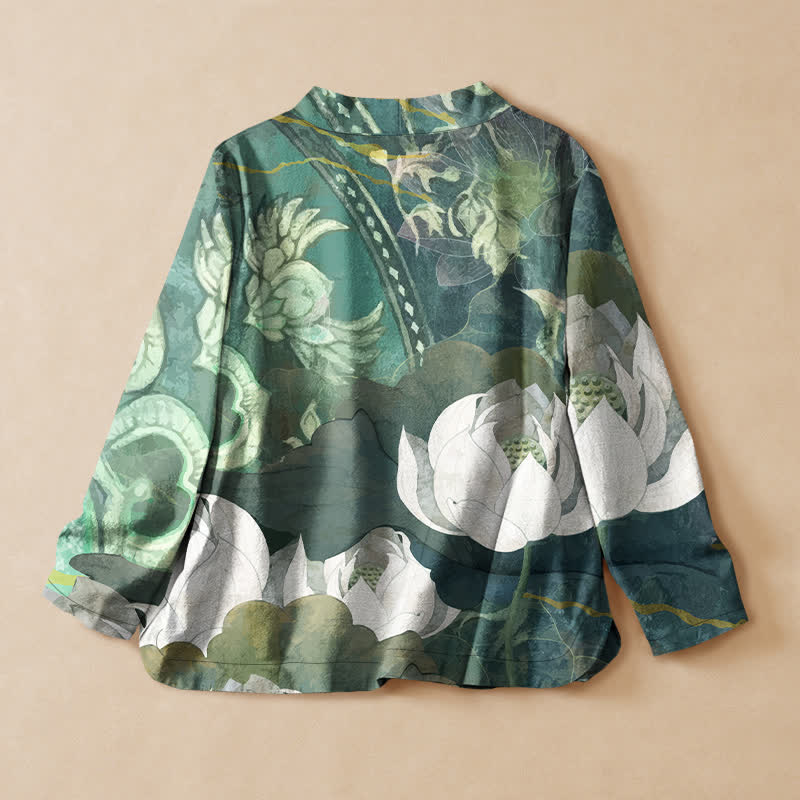 Buddha Stones Kimono da donna a maniche lunghe, stile Hanfu, con scollo a V e allacciatura, in cotone bianco con stampa a foglie di loto. - image 1