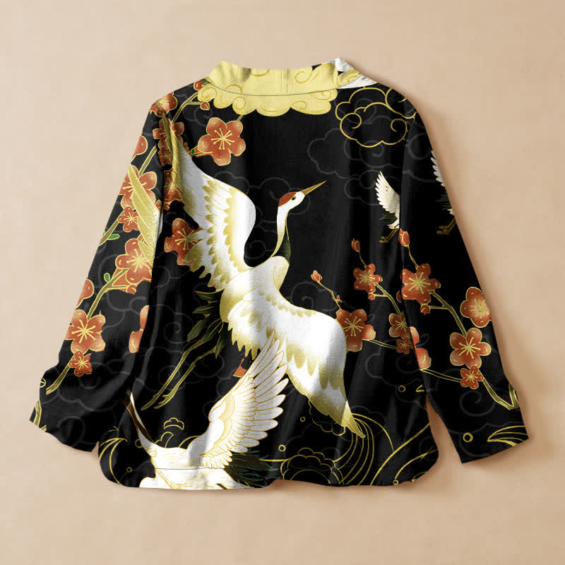 Buddha Stones Kimono da donna a maniche lunghe, stile Hanfu, con scollo a V e allacciatura, in cotone bianco con stampa floreale e gru. - image 1