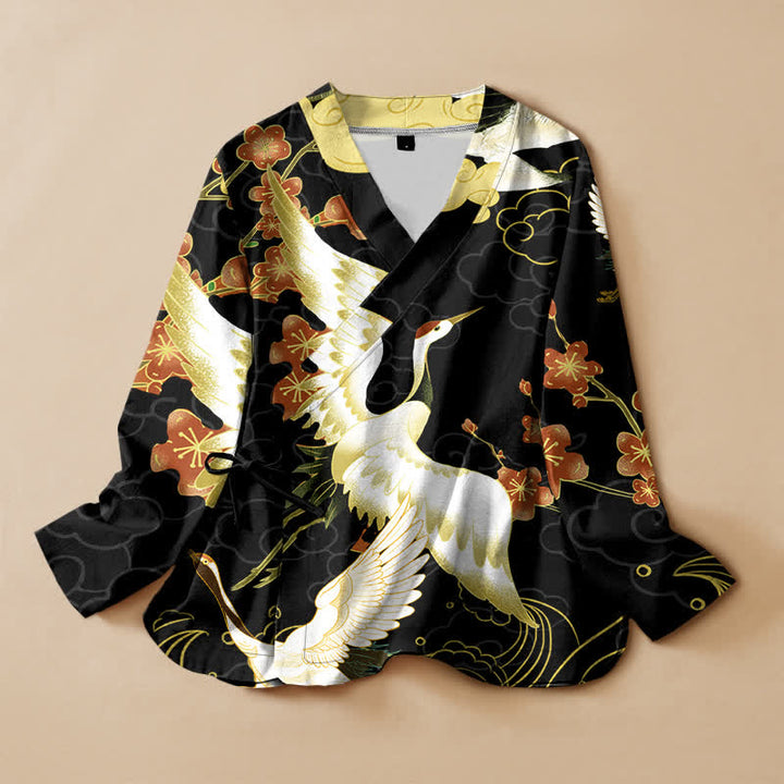 Buddha Stones Kimono da donna a maniche lunghe, stile Hanfu, con scollo a V e allacciatura, in cotone bianco con stampa floreale e gru. - Nero - US16, UK/AU20, EU48 (3XL) - image 0