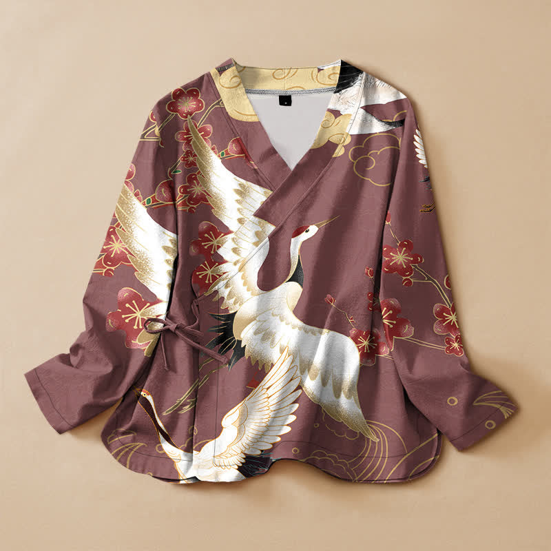 Buddha Stones Kimono da donna a maniche lunghe, stile Hanfu, con scollo a V e allacciatura, in cotone bianco con stampa floreale e gru. - Rosso Indiano - US16, UK/AU20, EU48 (3XL) - image 5