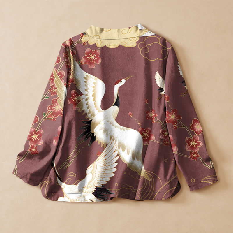 Buddha Stones Kimono da donna a maniche lunghe, stile Hanfu, con scollo a V e allacciatura, in cotone bianco con stampa floreale e gru. - image 6