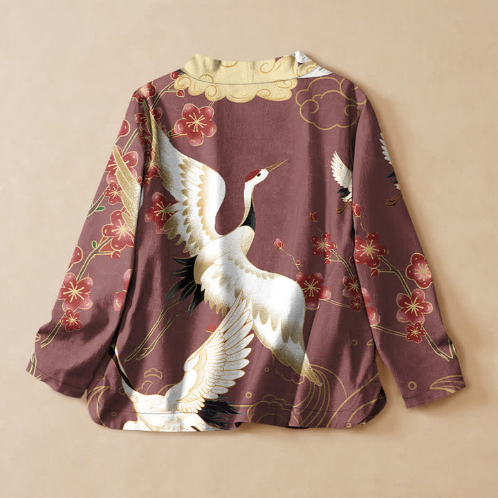 Buddha Stones Kimono da donna a maniche lunghe, stile Hanfu, con scollo a V e allacciatura, in cotone bianco con stampa floreale e gru. - image 6