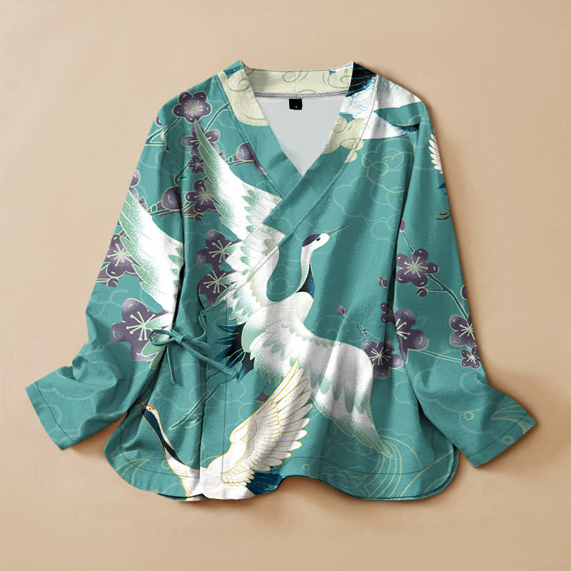 Buddha Stones Kimono da donna a maniche lunghe, stile Hanfu, con scollo a V e allacciatura, in cotone bianco con stampa floreale e gru. - Turchese - US16, UK/AU20, EU48 (3XL) - image 7