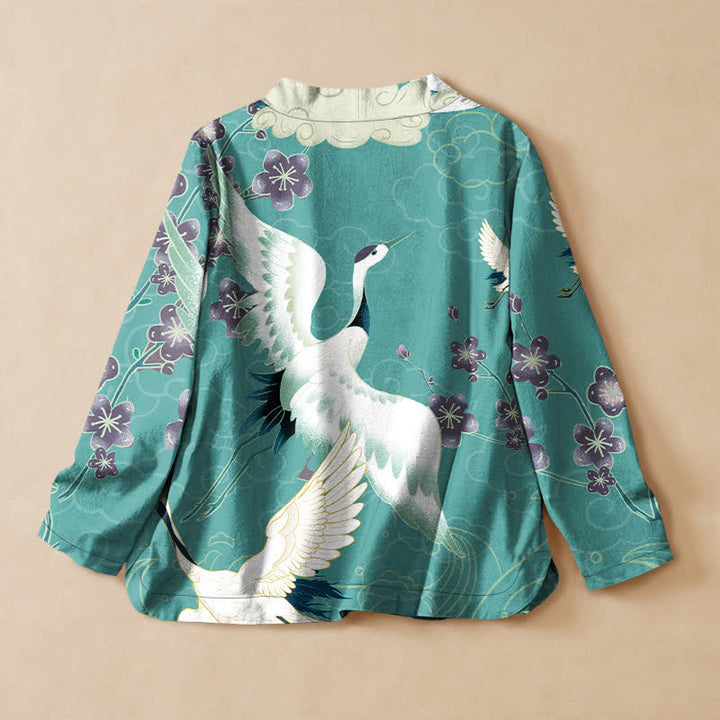 Buddha Stones Kimono da donna a maniche lunghe, stile Hanfu, con scollo a V e allacciatura, in cotone bianco con stampa floreale e gru. - image 8