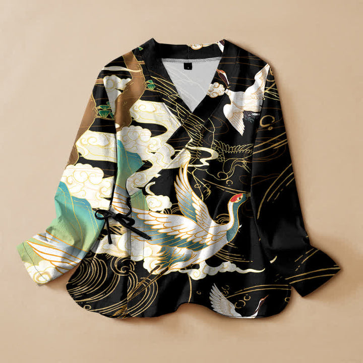 Buddha Stones Kimono da donna a maniche lunghe con scollo a V e allacciatura, in cotone con stampa orientale di gru e nuvole. - Nero - US16, UK/AU20, EU48 (3XL) - image 0