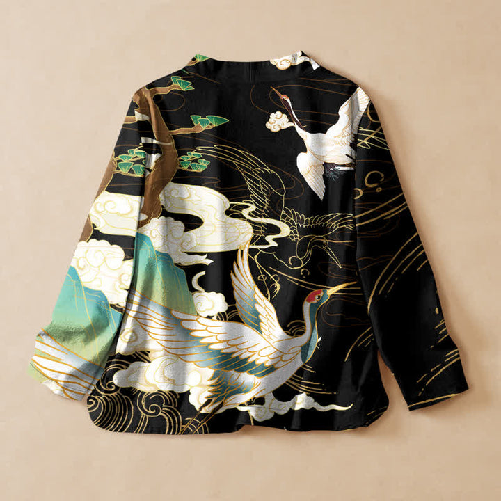 Buddha Stones Kimono da donna a maniche lunghe con scollo a V e allacciatura, in cotone con stampa orientale di gru e nuvole. - image 1