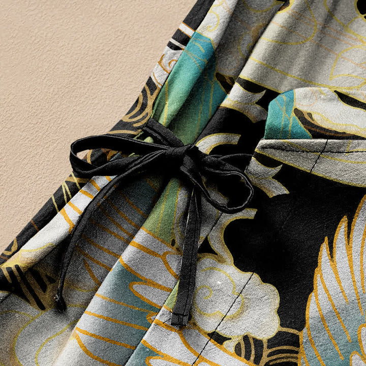 Buddha Stones Kimono da donna a maniche lunghe con scollo a V e allacciatura, in cotone con stampa orientale di gru e nuvole. - image 3