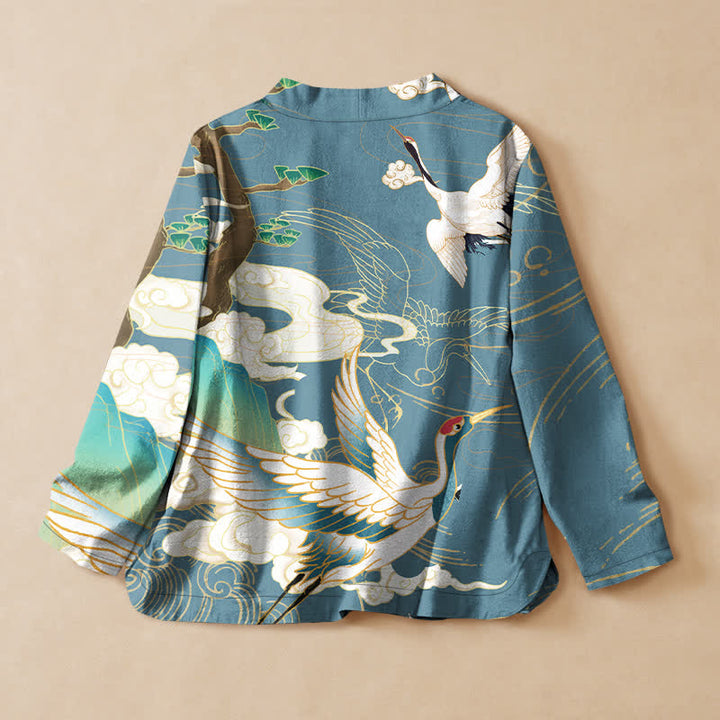 Buddha Stones Kimono da donna a maniche lunghe con scollo a V e allacciatura, in cotone con stampa orientale di gru e nuvole. - image 6
