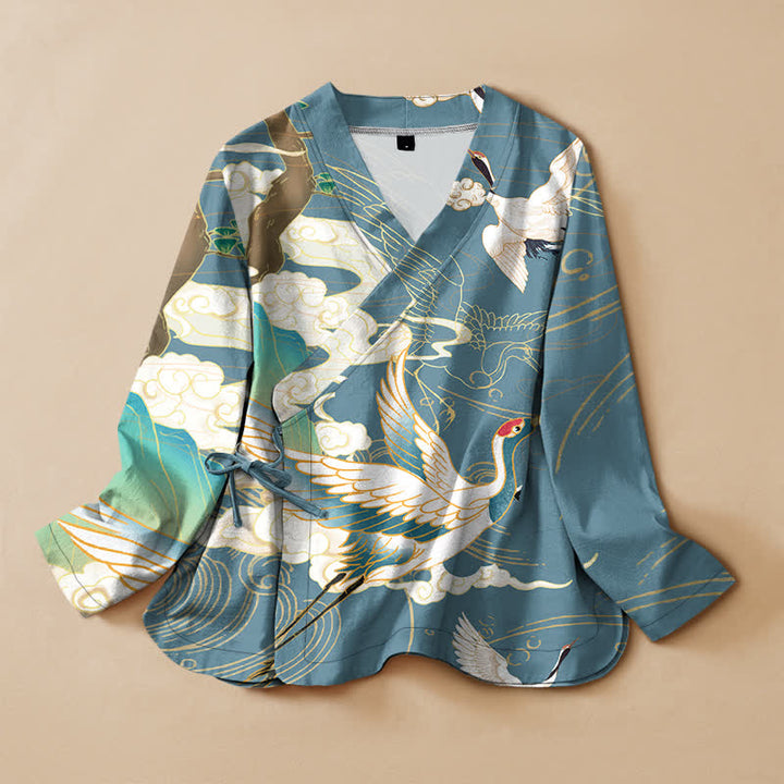Buddha Stones Kimono da donna a maniche lunghe con scollo a V e allacciatura, in cotone con stampa orientale di gru e nuvole. - Cadetto Blu - US16, UK/AU20, EU48 (3XL) - image 5
