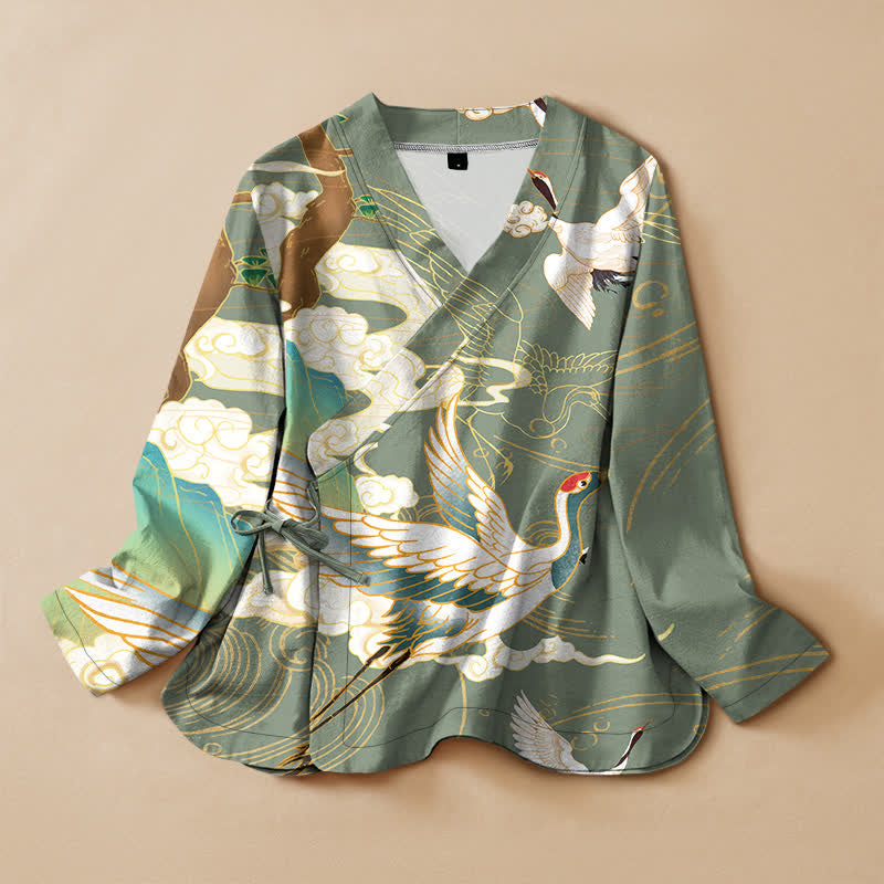 Buddha Stones Kimono da donna a maniche lunghe con scollo a V e allacciatura, in cotone con stampa orientale di gru e nuvole. - Verde Mare Scuro - US16, UK/AU20, EU48 (3XL) - image 7
