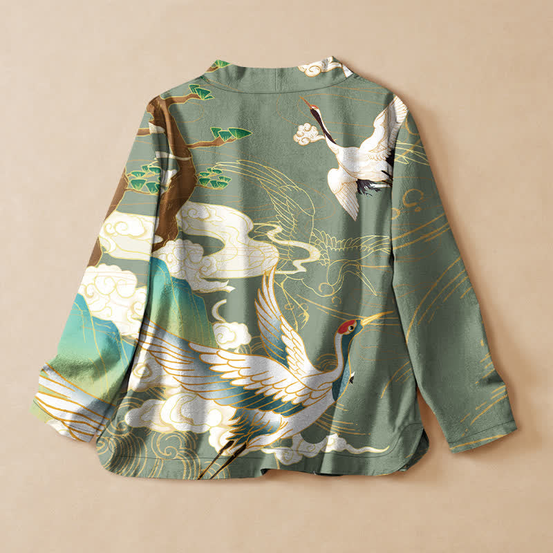 Buddha Stones Kimono da donna a maniche lunghe con scollo a V e allacciatura, in cotone con stampa orientale di gru e nuvole. - image 8