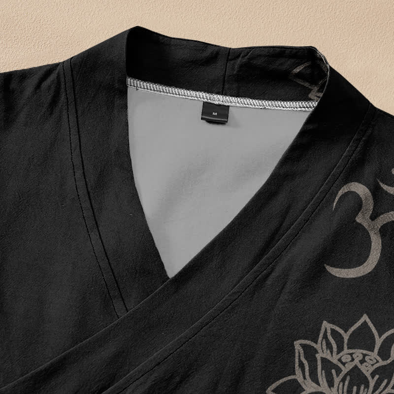Buddha Stones Kimono da donna a maniche lunghe, stile Hanfu, con scollo a V e allacciatura, in cotone con stampa loto Om. - image 2