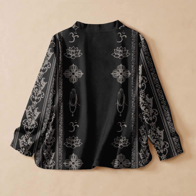 Buddha Stones Kimono da donna a maniche lunghe, stile Hanfu, con scollo a V e allacciatura, in cotone con stampa loto Om. - image 1