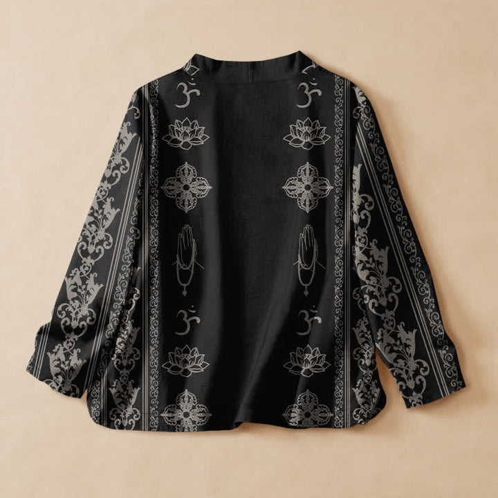 Buddha Stones Kimono da donna a maniche lunghe, stile Hanfu, con scollo a V e allacciatura, in cotone con stampa loto Om. - image 1