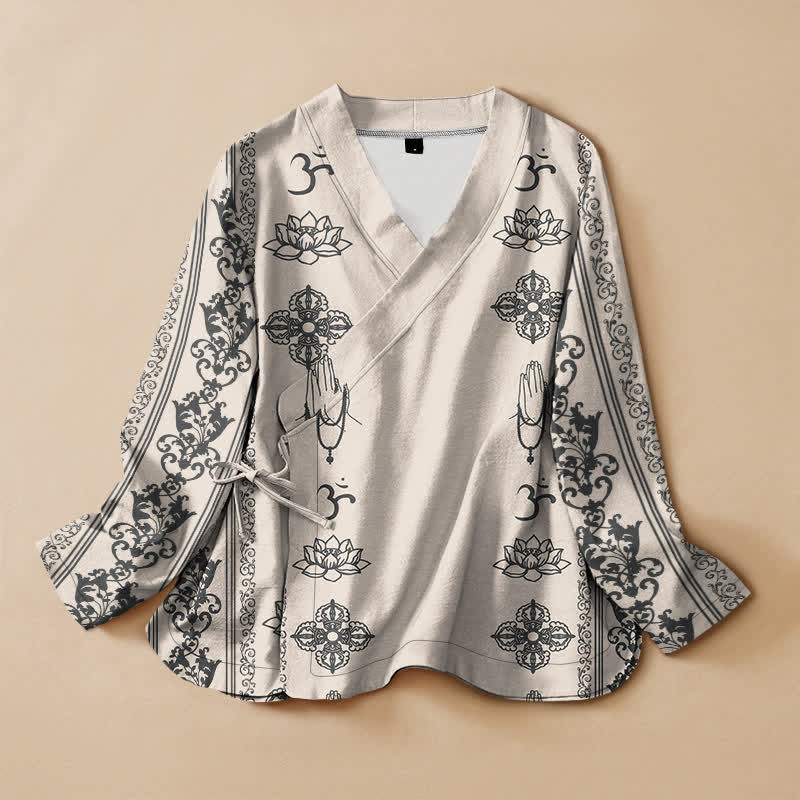 Buddha Stones Kimono da donna a maniche lunghe, stile Hanfu, con scollo a V e allacciatura, in cotone con stampa loto Om. - Avorio - US16, UK/AU20, EU48 (3XL) - image 5