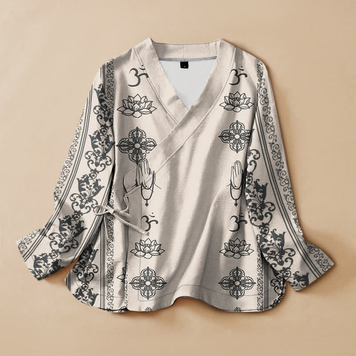 Buddha Stones Kimono da donna a maniche lunghe, stile Hanfu, con scollo a V e allacciatura, in cotone con stampa loto Om. - Avorio - US16, UK/AU20, EU48 (3XL) - image 5