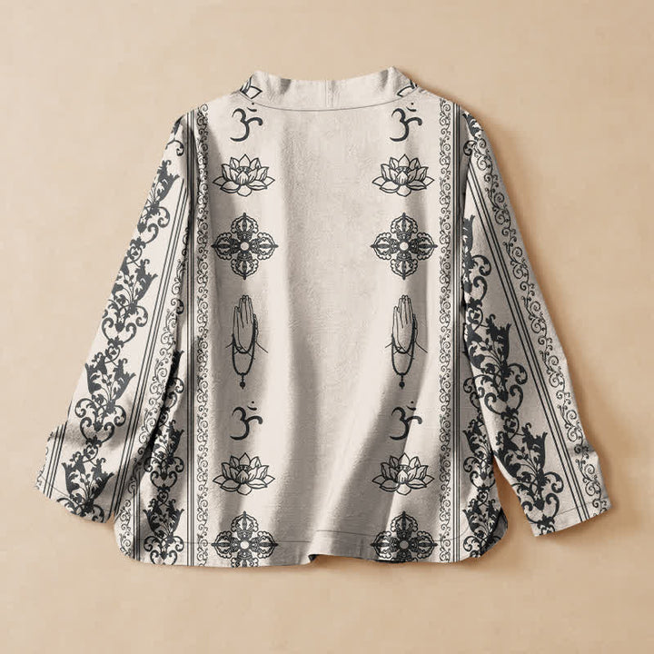 Buddha Stones Kimono da donna a maniche lunghe, stile Hanfu, con scollo a V e allacciatura, in cotone con stampa loto Om. - image 6