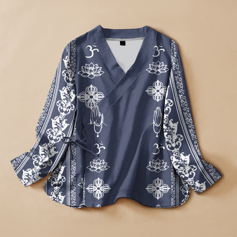 Buddha Stones Kimono da donna a maniche lunghe, stile Hanfu, con scollo a V e allacciatura, in cotone con stampa loto Om. - SteelBlue - US16, UK/AU20, EU48 (3XL) - image 7