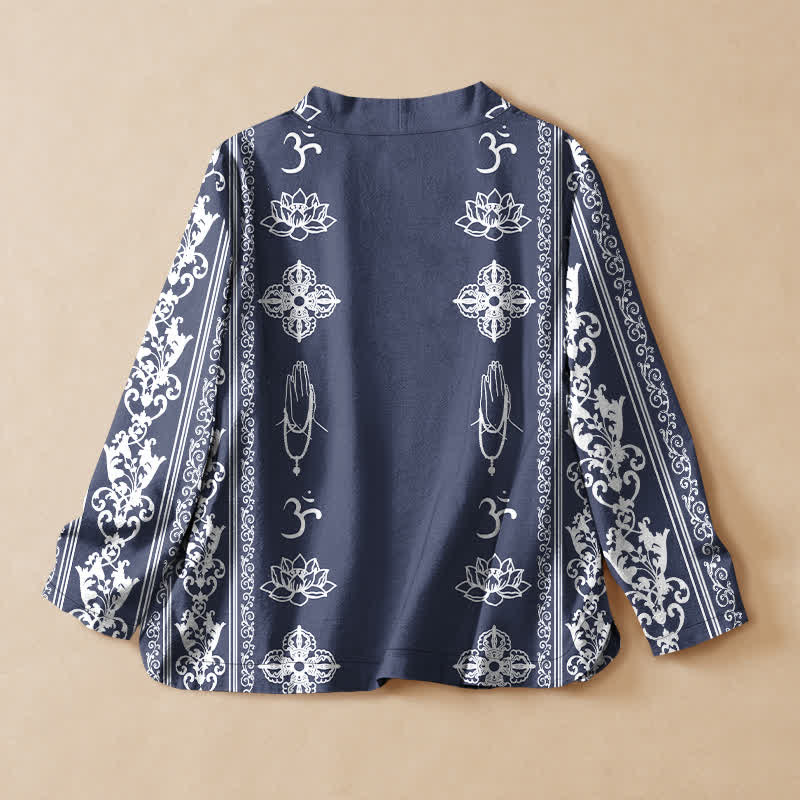 Buddha Stones Kimono da donna a maniche lunghe, stile Hanfu, con scollo a V e allacciatura, in cotone con stampa loto Om. - image 8