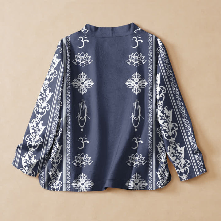 Buddha Stones Kimono da donna a maniche lunghe, stile Hanfu, con scollo a V e allacciatura, in cotone con stampa loto Om. - image 8