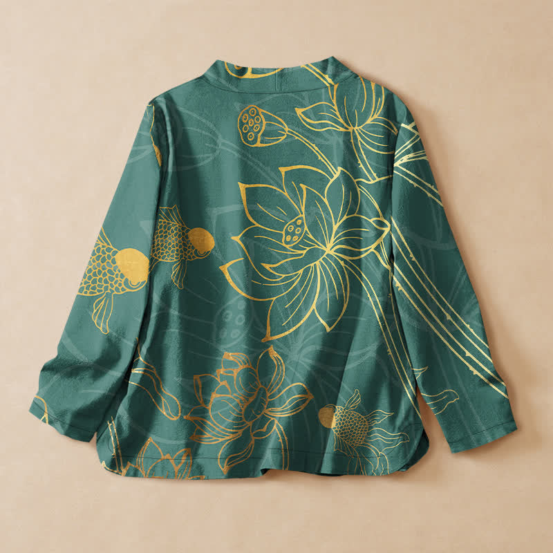 Buddha Stones Kimono da donna a maniche lunghe con scollo a V, stampa floreale di loto e pesci, in cotone. Modello a kimono. - image 1