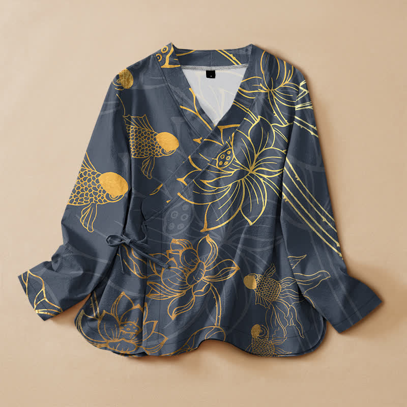 Buddha Stones Kimono da donna a maniche lunghe con scollo a V, stampa floreale di loto e pesci, in cotone. Modello a kimono. - Grigio ardesia - US16, UK/AU20, EU48 (3XL) - image 5