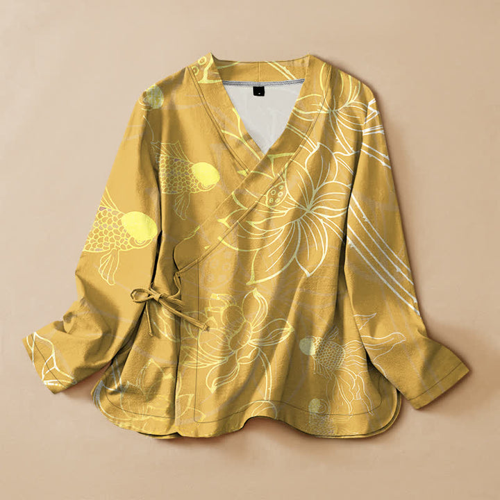 Buddha Stones Kimono da donna a maniche lunghe con scollo a V, stampa floreale di loto e pesci, in cotone. Modello a kimono. - Oro - US16, UK/AU20, EU48 (3XL) - image 7