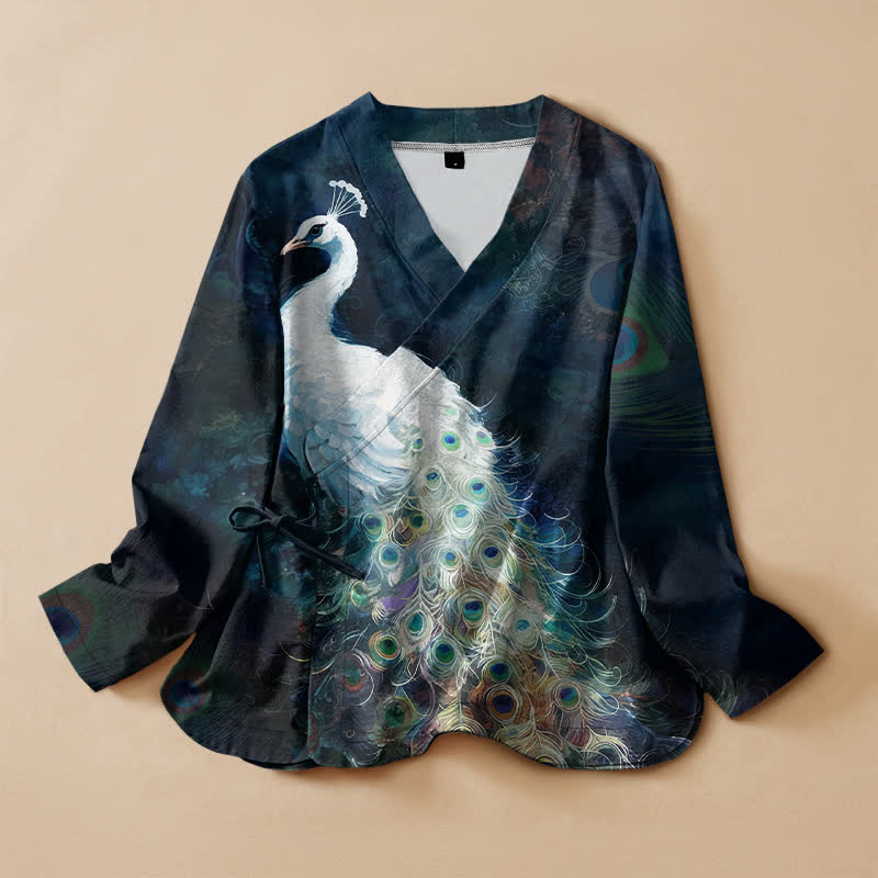 Buddha Stones Kimono da donna a maniche lunghe con scollo a V e allacciatura, in cotone, con motivo a piume di pavone. - Blu notte - US16, UK/AU20, EU48 (3XL) - image 0