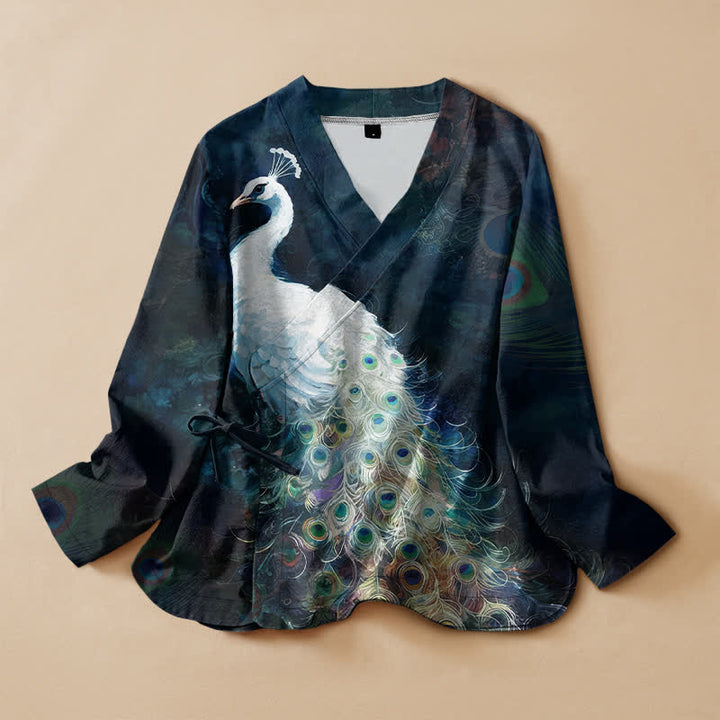 Buddha Stones Kimono da donna a maniche lunghe con scollo a V e allacciatura, in cotone, con motivo a piume di pavone. - Blu notte - US16, UK/AU20, EU48 (3XL) - image 0