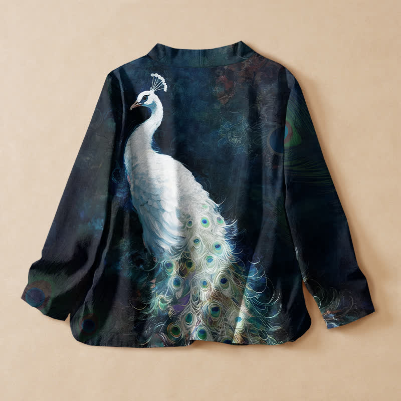 Buddha Stones Kimono da donna a maniche lunghe con scollo a V e allacciatura, in cotone, con motivo a piume di pavone. - image 1