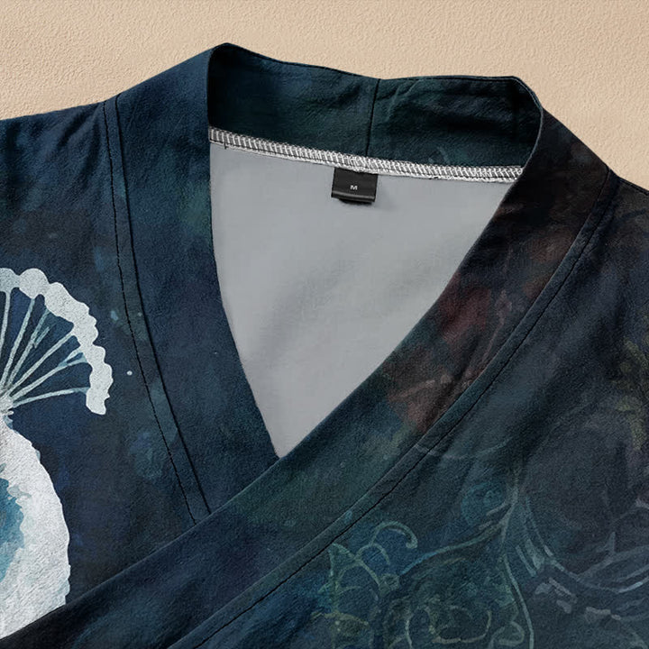 Buddha Stones Kimono da donna a maniche lunghe con scollo a V e allacciatura, in cotone, con motivo a piume di pavone. - image 2