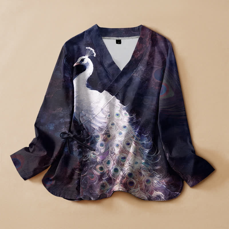 Buddha Stones Kimono da donna a maniche lunghe con scollo a V e allacciatura, in cotone, con motivo a piume di pavone. - Indaco - US16, UK/AU20, EU48 (3XL) - image 5