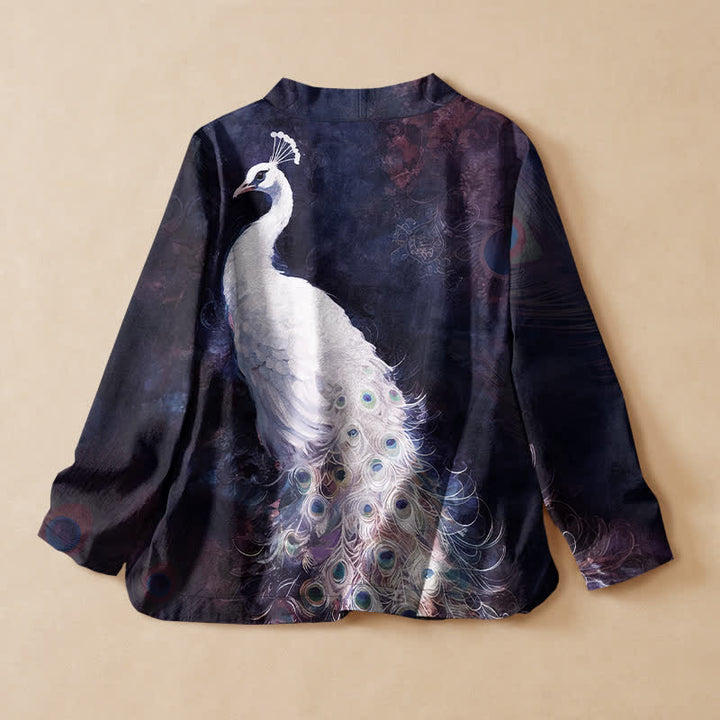 Buddha Stones Kimono da donna a maniche lunghe con scollo a V e allacciatura, in cotone, con motivo a piume di pavone. - image 6