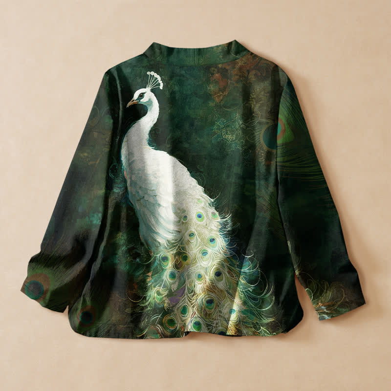 Buddha Stones Kimono da donna a maniche lunghe con scollo a V e allacciatura, in cotone, con motivo a piume di pavone. - image 8