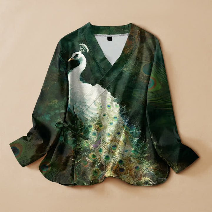 Buddha Stones Kimono da donna a maniche lunghe con scollo a V e allacciatura, in cotone, con motivo a piume di pavone. - Verde scuro - US16, UK/AU20, EU48 (3XL) - image 7