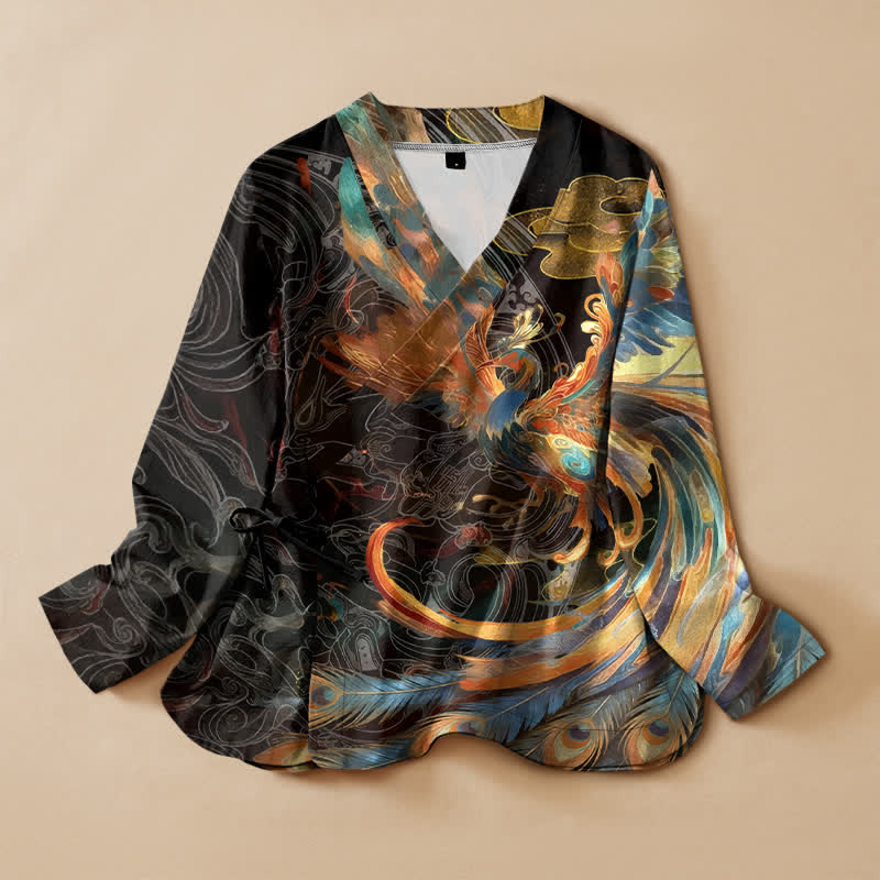 Buddha Stones Kimono da donna a maniche lunghe, stile Hanfu, con scollo a V e allacciatura, in cotone con stampa di nuvole e fenice dorata. - Nero - US16, UK/AU20, EU48 (3XL) - image 0