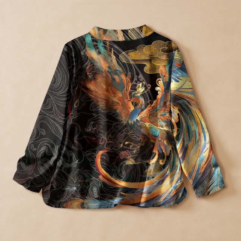 Buddha Stones Kimono da donna a maniche lunghe, stile Hanfu, con scollo a V e allacciatura, in cotone con stampa di nuvole e fenice dorata. - image 1