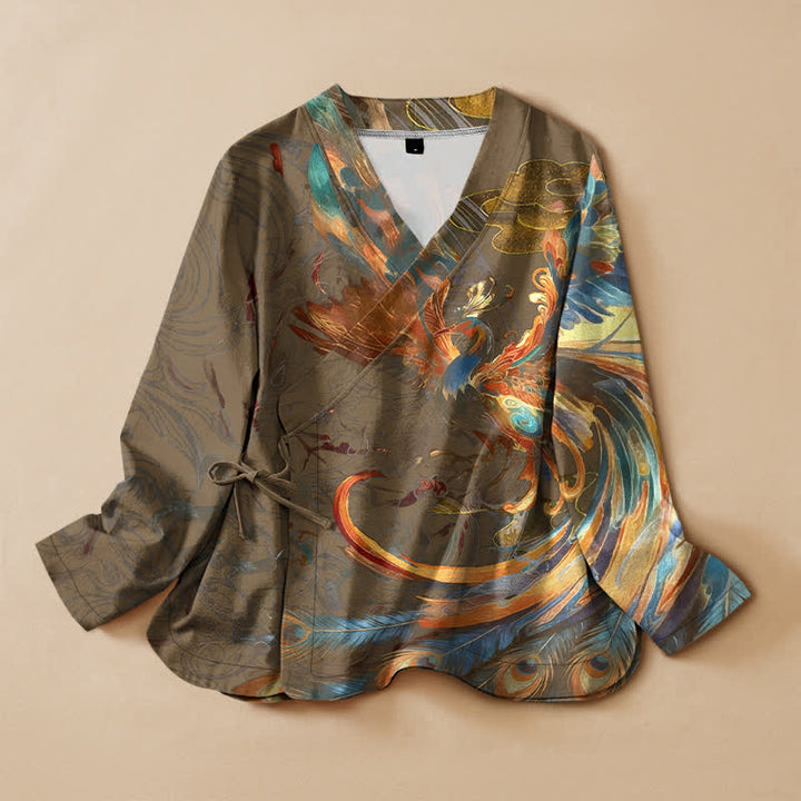 Buddha Stones Kimono da donna a maniche lunghe, stile Hanfu, con scollo a V e allacciatura, in cotone con stampa di nuvole e fenice dorata. - Verga d'oro scura - US16, UK/AU20, EU48 (3XL) - image 7