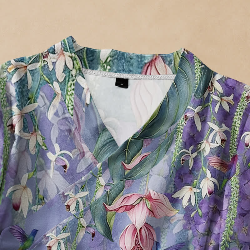 Buddha Stones Kimono da donna a maniche lunghe, stile Hanfu, con scollo a V e allacciatura, in cotone con stampa floreale di lavanda e colibrì. - image 2